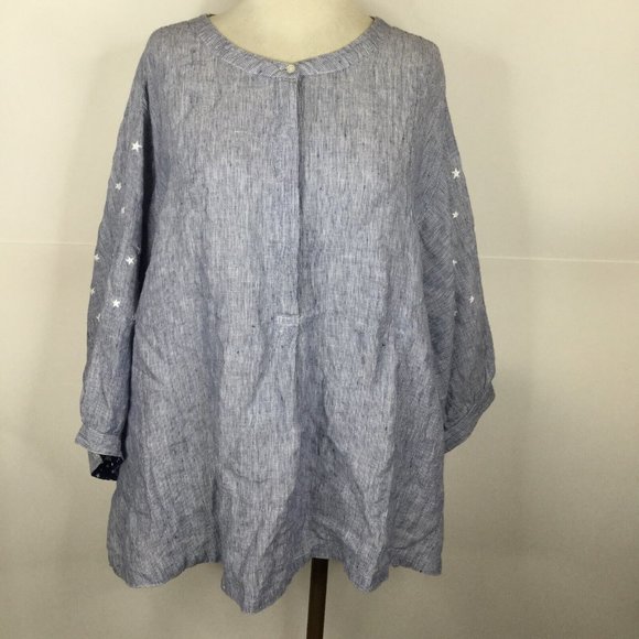 John Mark Tops - John Mark Blouse Women Plus Size 2X Blue Red Linen Patriotic Stars 3/4 Sleeve